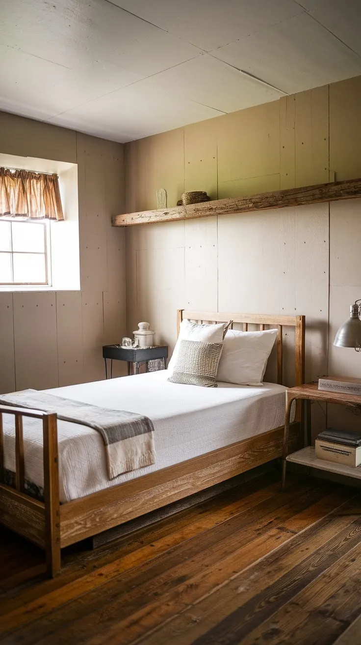 Step into tranquility. This vintage farmhouse guest bedroom, with its rustic wooden bed and simple decor, offers a peaceful retreat. The gentle light filtering through the window promises a restful night's sleep. A perfect blend of comfort and rustic charm.