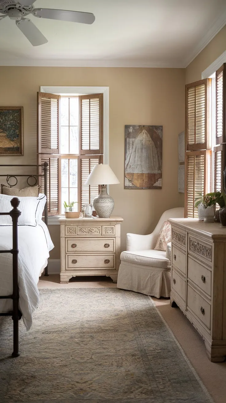 Step into tranquility in this charming vintage farmhouse guest room. The antique dresser and intricately carved nightstand add a touch of rustic elegance, while the soft beige walls and patterned rug create a peaceful atmosphere. A perfect blend of comfort and country charm awaits. A restful night's sleep is guaranteed.