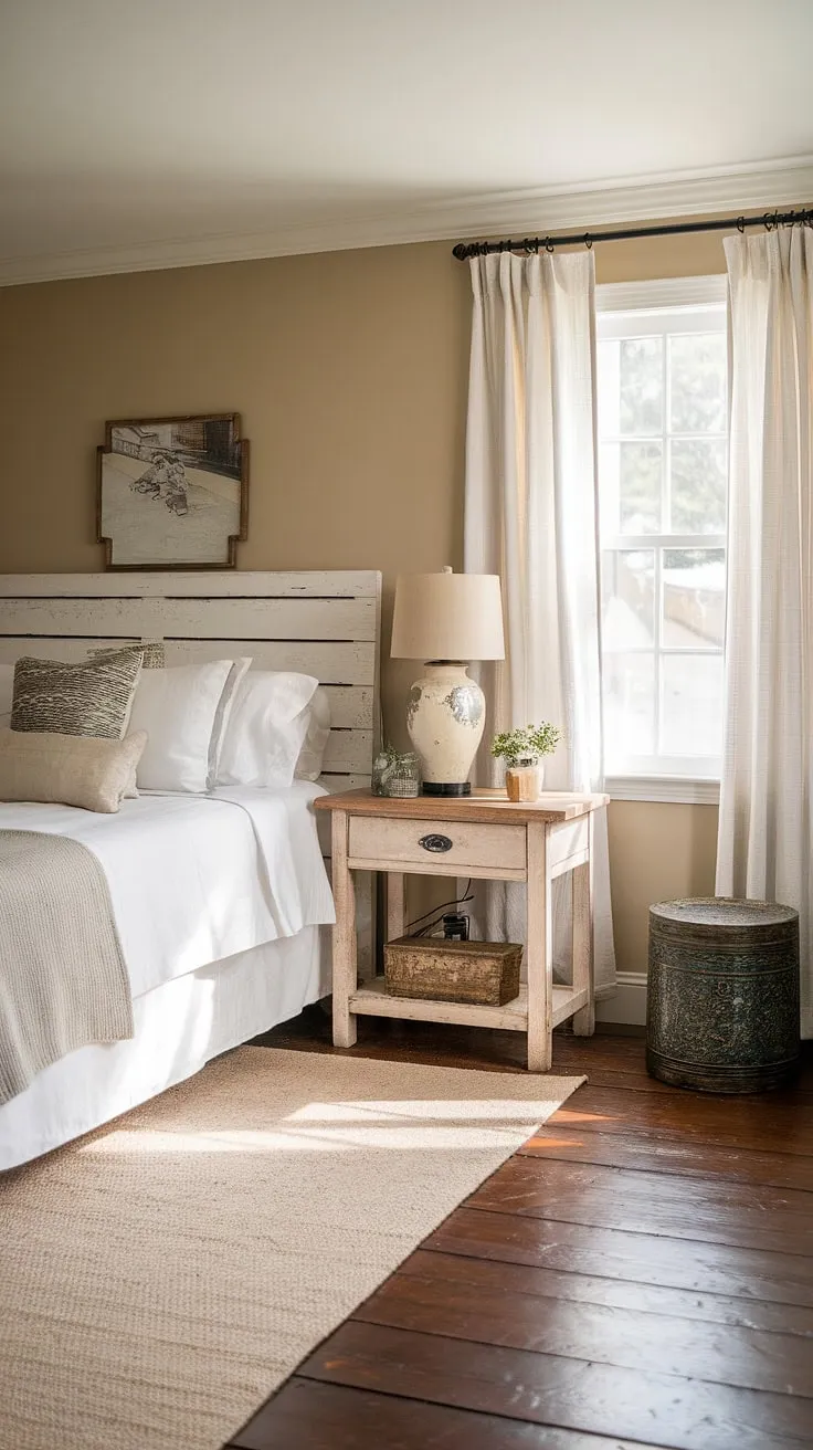 Wake up to the gentle sunlight streaming through the window of this charming vintage farmhouse guest bedroom. The calming beige tones and rustic wooden floors create a peaceful retreat, perfect for a restful night's sleep. A queen-size bed, complete with a white wooden headboard, invites you to relax and unwind. The carefully chosen decorative items add a touch of rustic elegance, making this space truly special.