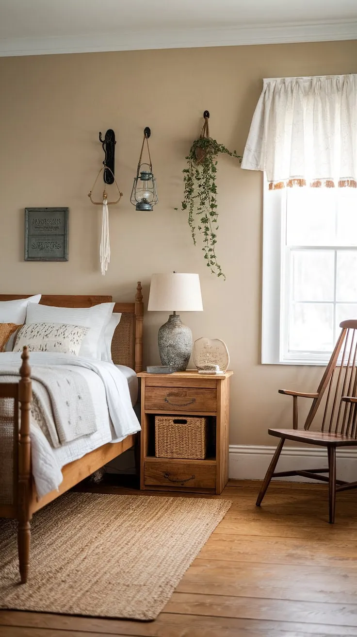 Escape to the countryside in this charming guest bedroom. The soft beige walls, wooden floors, and carefully curated vintage accents create a peaceful retreat. Unwind and enjoy the simple pleasures of this rustic haven.