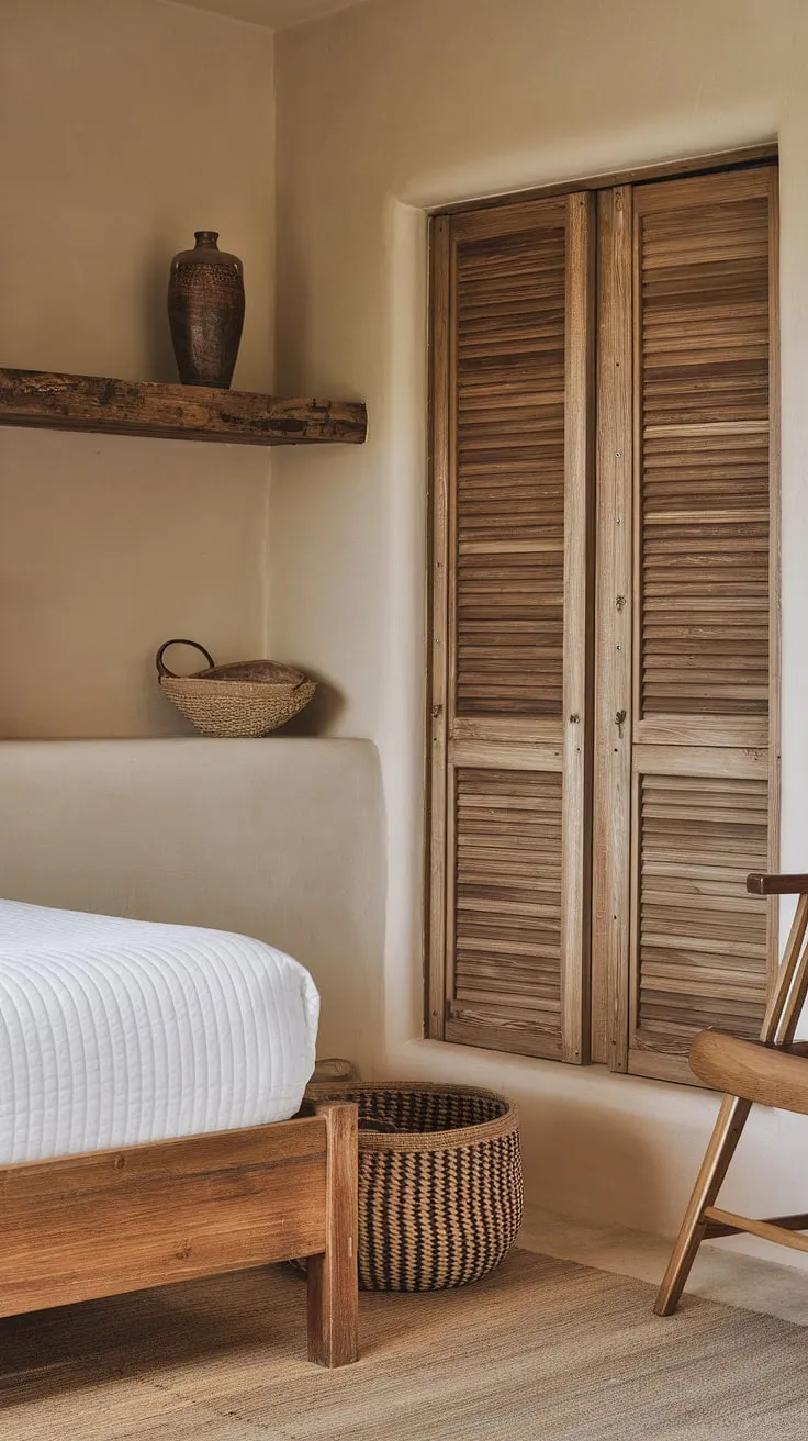 Escape to this idyllic guest room, brimming with rustic charm and vintage details. The queen-sized bed, wooden chair, and built-in closet offer both comfort and convenience. A simple yet elegant vase sits atop a wooden shelf, completing the a peaceful ambiance of this farmhouse haven.