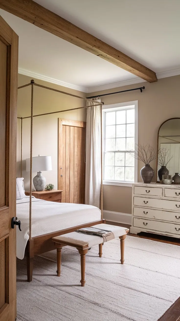Step into tranquility. This vintage farmhouse guest bedroom, with its rustic wooden beams and charming rope canopy bed, offers a peaceful retreat. The soft lighting and simple elegance create a space perfect for unwinding and reconnecting. A perfect blend of rustic charm and modern comfort awaits.