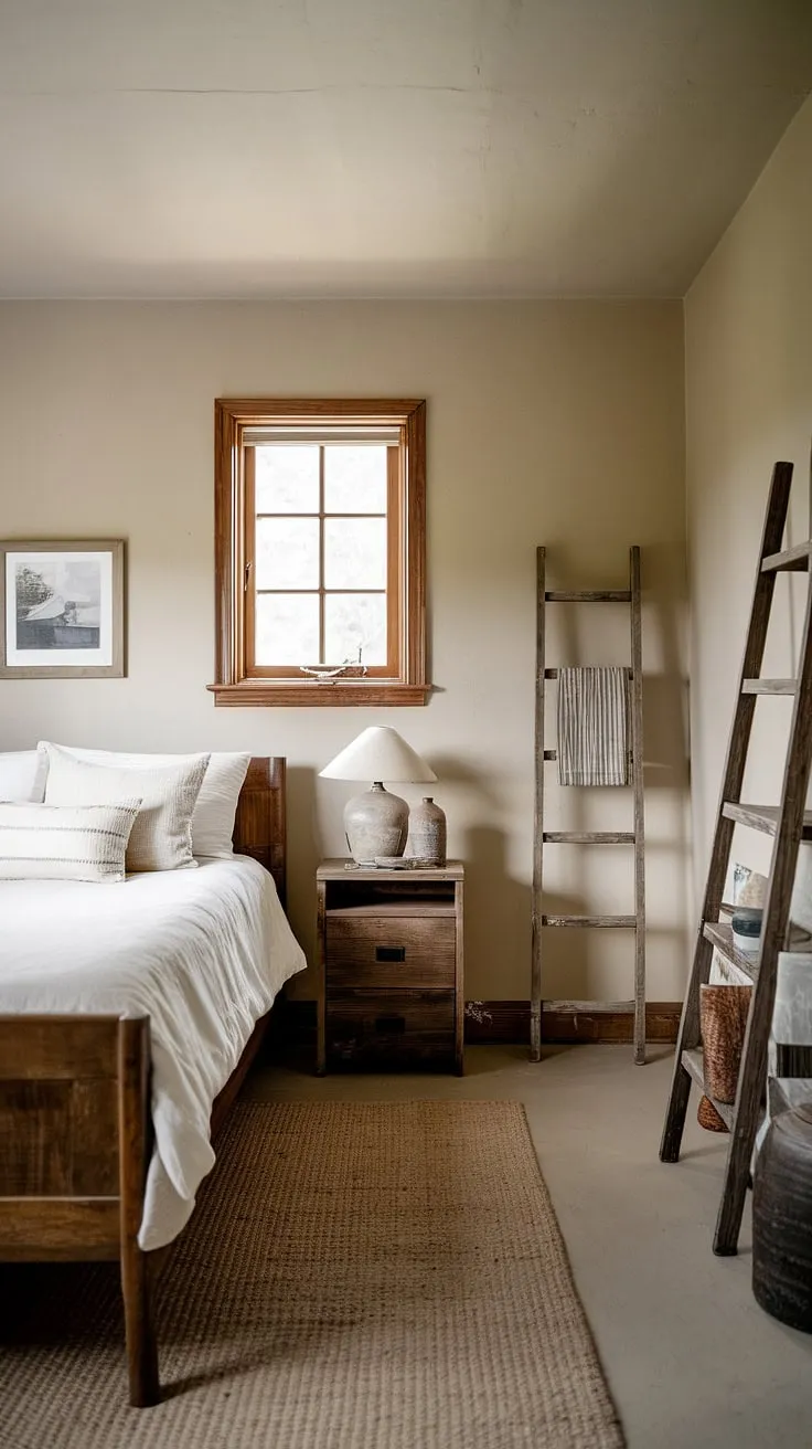 Escape to the countryside in this idyllic guest bedroom. The rustic charm of the wooden bed and simple furnishings creates a welcoming atmosphere. Wake up refreshed in this peaceful haven, a testament to understated elegance and comfortable simplicity.