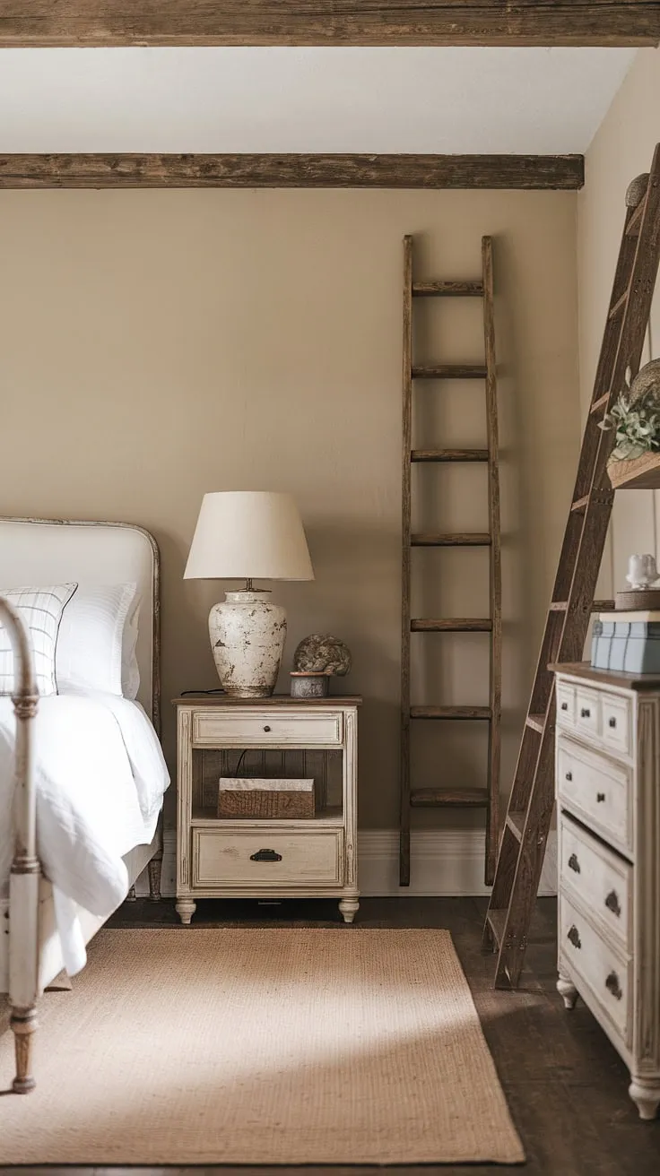 Step into tranquility in this charming farmhouse guest room. The distressed wood accents, vintage lamp, and cozy rug create a space that's both rustic and inviting, perfect for a peaceful night's sleep. A true escape.