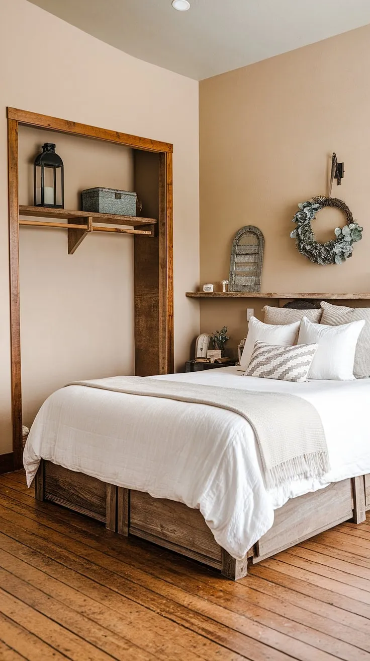 Indulge in the rustic elegance of this farmhouse guest bedroom. A comfortable king-size bed is the centerpiece, surrounded by warm wooden floors and a calming beige palette. A built-in closet and carefully chosen accents create a space perfect for relaxation and rejuvenation.