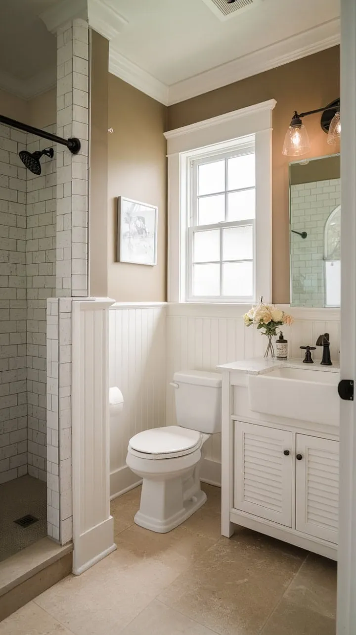 This half bath remodel beautifully blends rustic charm with modern convenience, featuring a farmhouse sink and crisp white vanity against a backdrop of beige walls and tiled flooring for an elegantly inviting atmosphere.