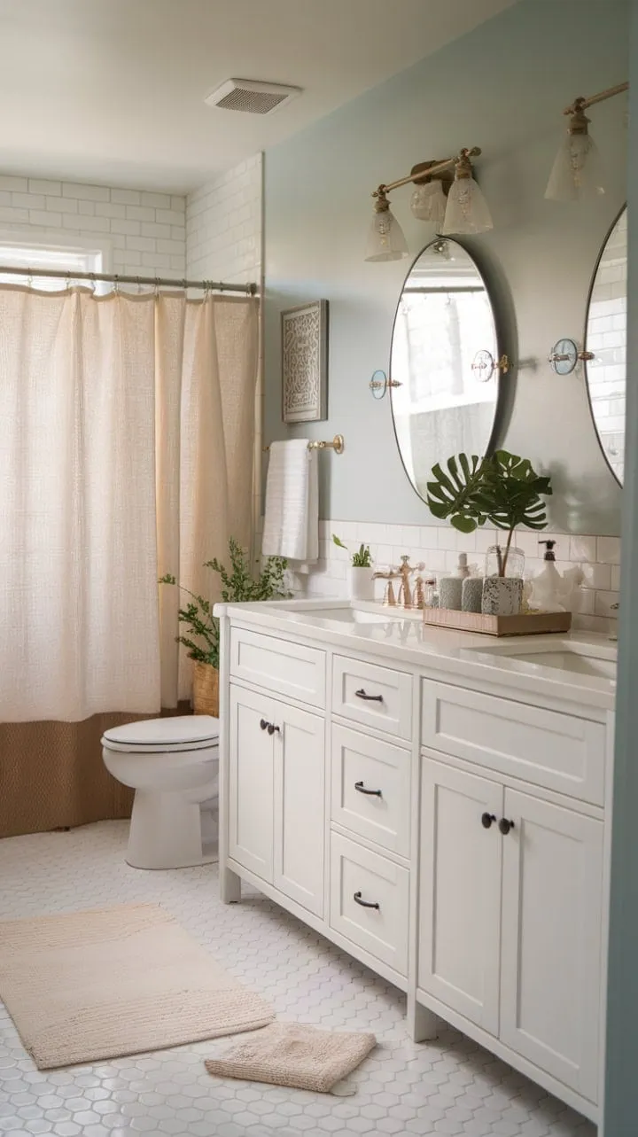 This half bath remodel beautifully blends understated elegance with a bright, airy ambiance, featuring a crisp white vanity, light blue walls, and charming farmhouse details.