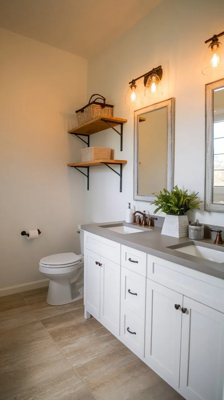 This serene half bath remodel beautifully fuses farmhouse charm with modern elegance, featuring a sophisticated grey countertop, a crisp white vanity, and warm wooden accents.