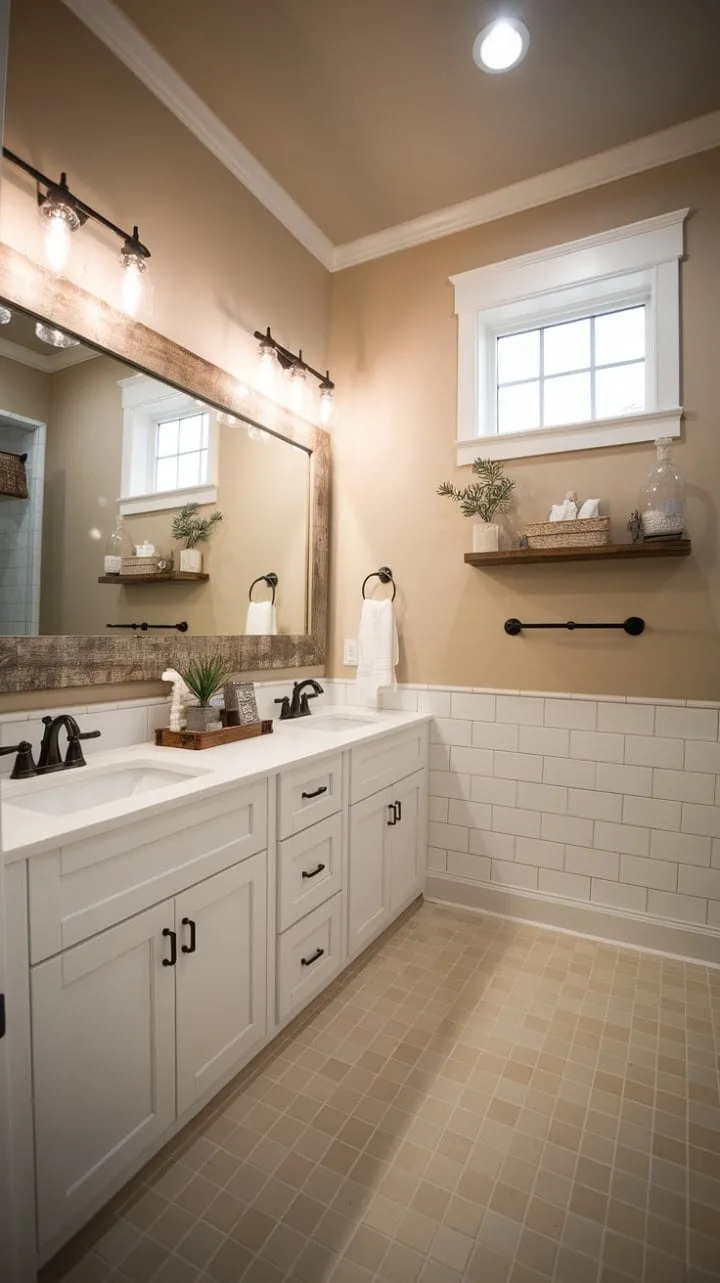 This dreamy farmhouse half bath remodel combines ample double vanity space with rustic charm and natural light for the perfect blend of functionality and style.