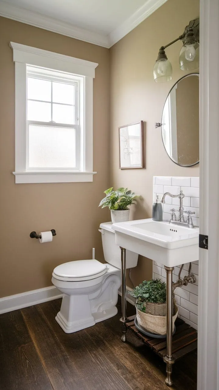This farmhouse-style half bath beautifully blends rustic charm with modern convenience, featuring a vintage faucet, dark wood floors, and fresh greenery for a cozy yet serene atmosphere.