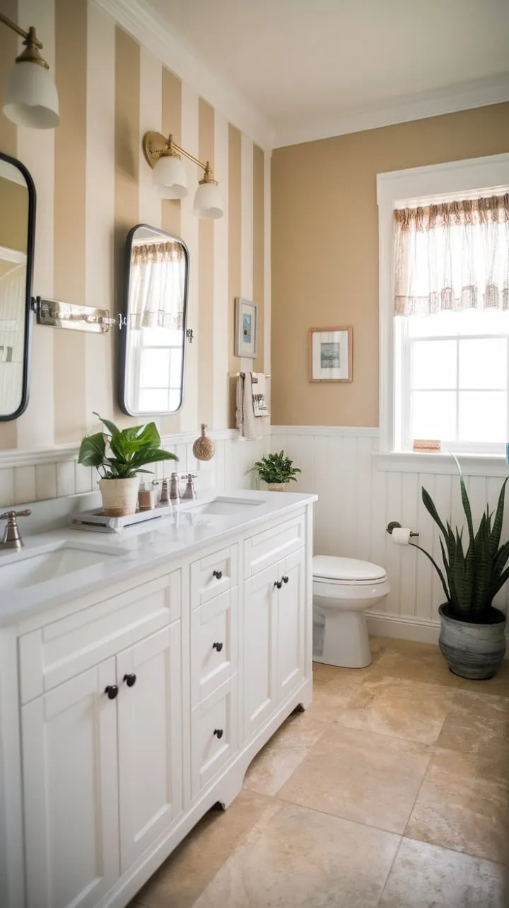 This half bath remodel showcases the elegance of simplicity with a neutral palette and farmhouse charm, creating a serene and inviting retreat.