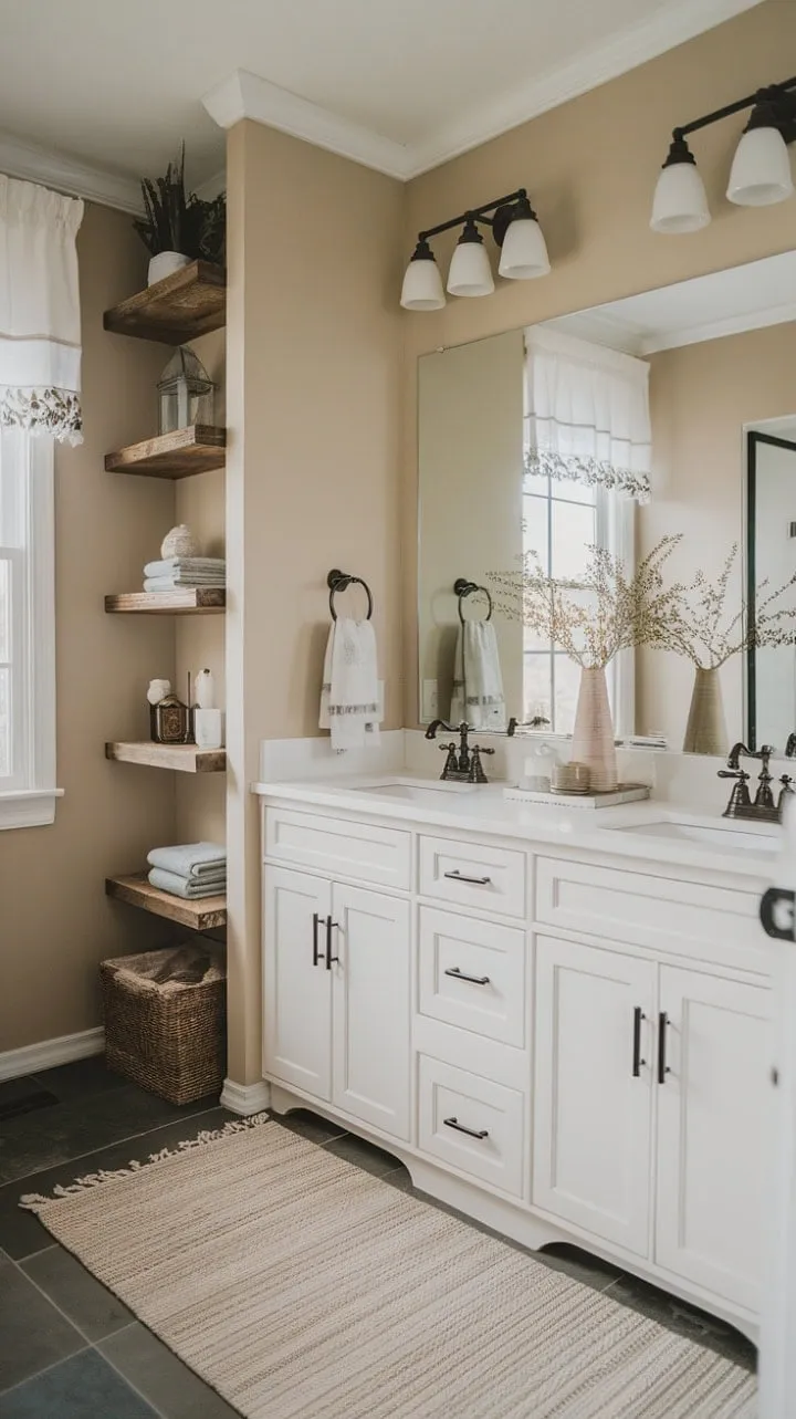 This farmhouse half bath remodel masterfully combines rustic charm and modern elegance, featuring a spacious double vanity and curated décor that infuses warmth and personality into a small space.