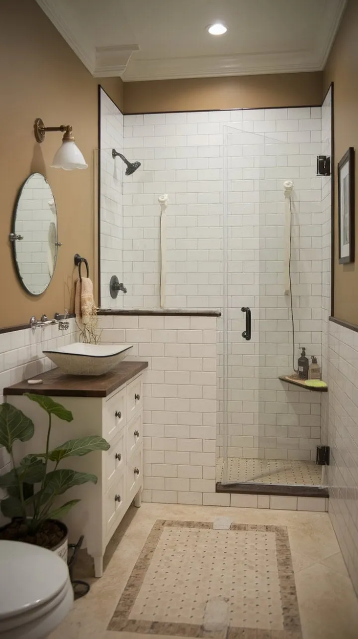 This serene half bath blends a white vanity and vessel sink with farmhouse charm, bathed in natural light and accented by patterned tiles and greenery for a tranquil escape.