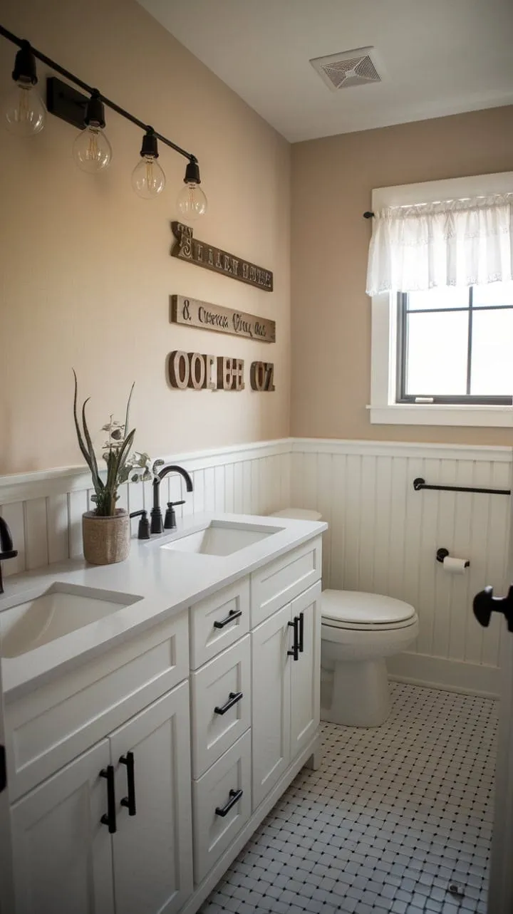 This half bath refresh artfully combines farmhouse charm and modern convenience with a chic black and white checkered floor, a stylish double vanity, and rustic accents for a touch of elegance in a compact space.