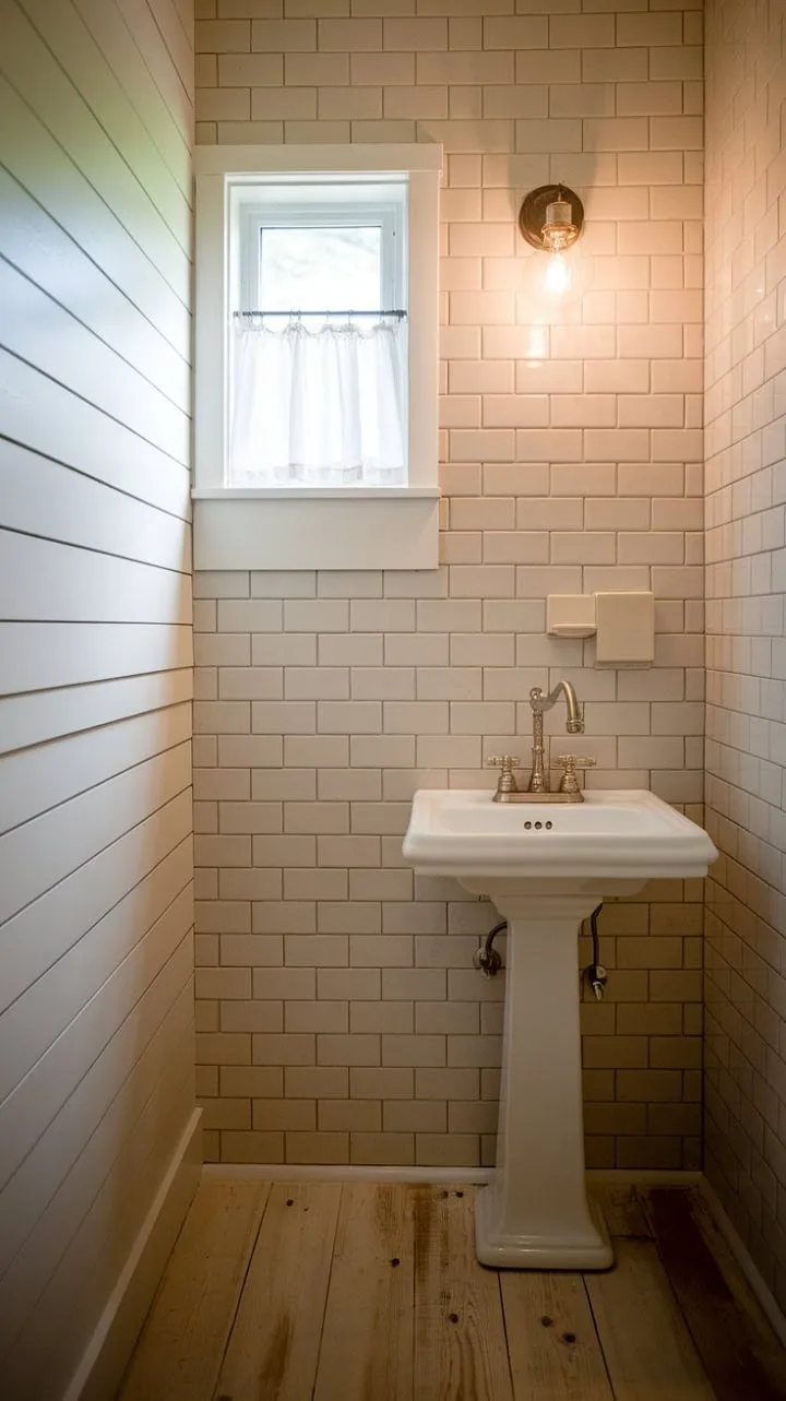 This enchanting half bath harmoniously fuses farmhouse charm with elegant simplicity, featuring shiplap, subway tile, and a classic pedestal sink bathed in soft natural light for a tranquil escape.