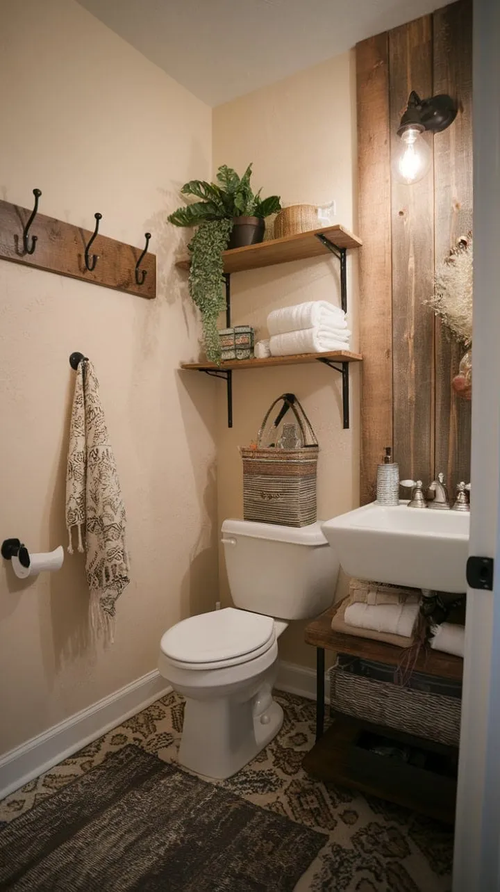 This cozy half bath masterfully combines rustic charm with modern convenience, featuring vintage lighting and wooden accents that create a warm atmosphere, enhanced by a patterned rug and potted plant for a stylish yet functional space.
