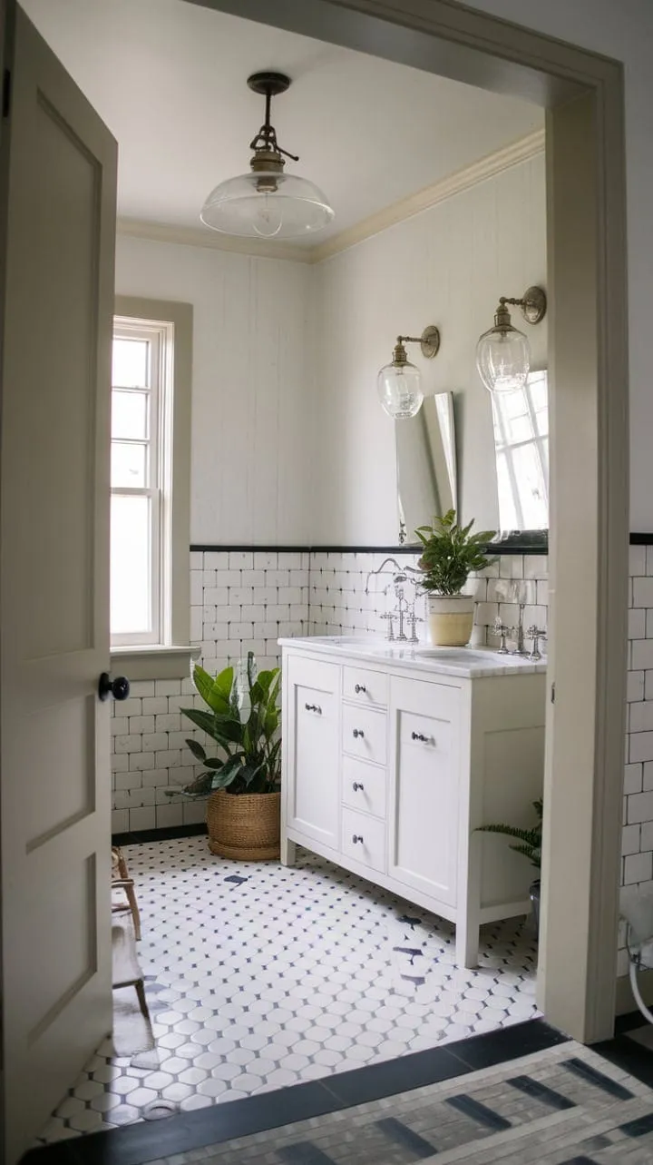 This charming farmhouse half bath remodel artfully combines vintage elements with modern touches, featuring a striking black and white checkered floor and refreshing greenery for a stylish retreat.