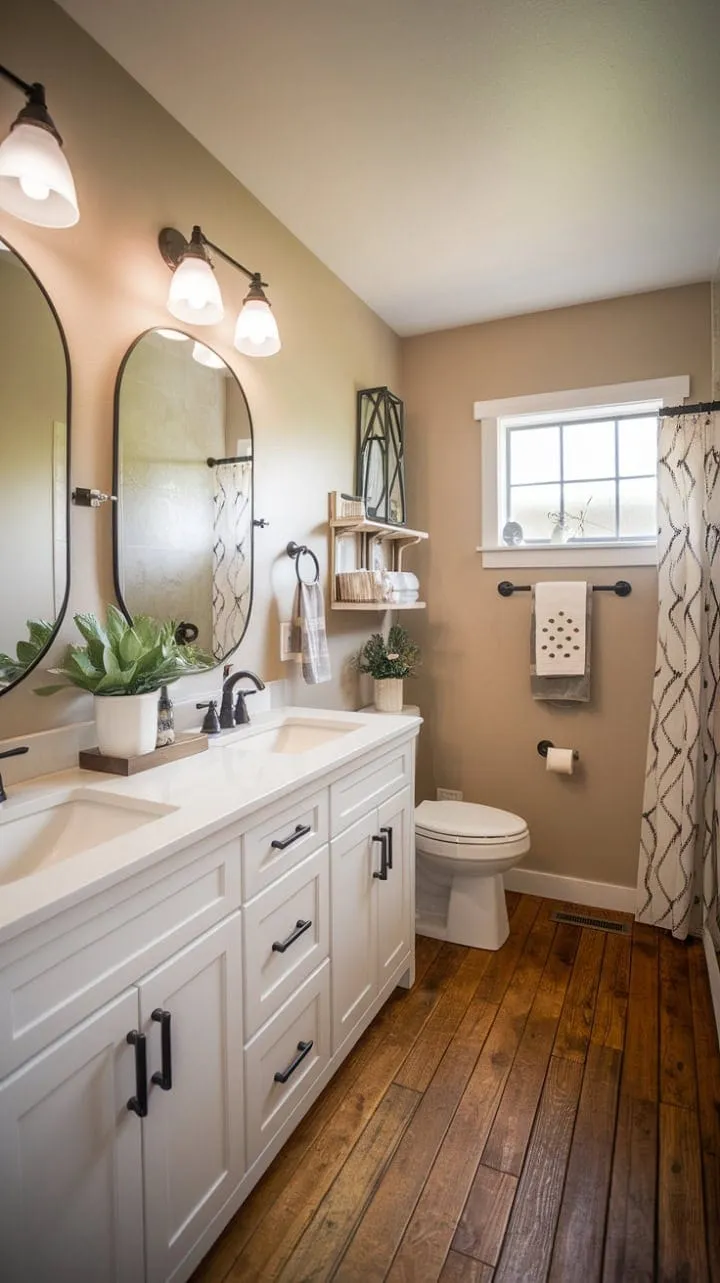 This farmhouse half bath remodel beautifully fuses rustic charm with modern convenience, featuring a double vanity and warm wood floors for an inviting yet functional space.