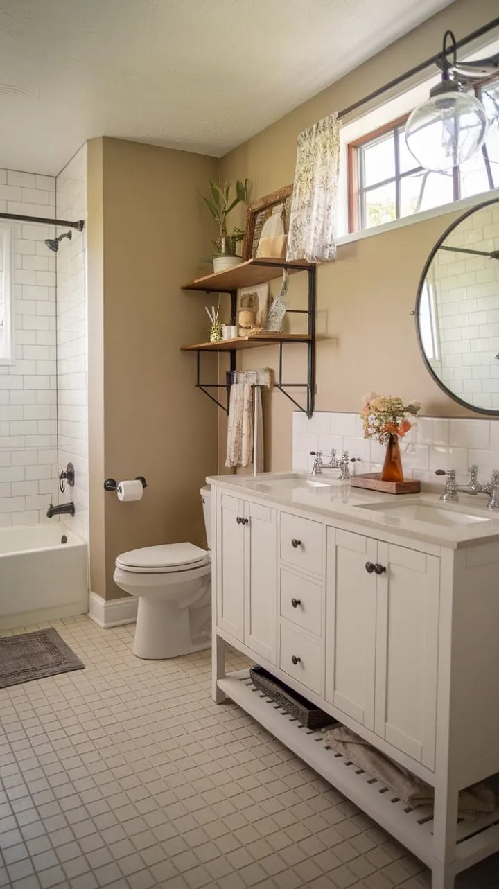 This farmhouse-style half bath remodel masterfully combines rustic charm with modern convenience, featuring a double vanity and serene color palette for an inviting retreat.