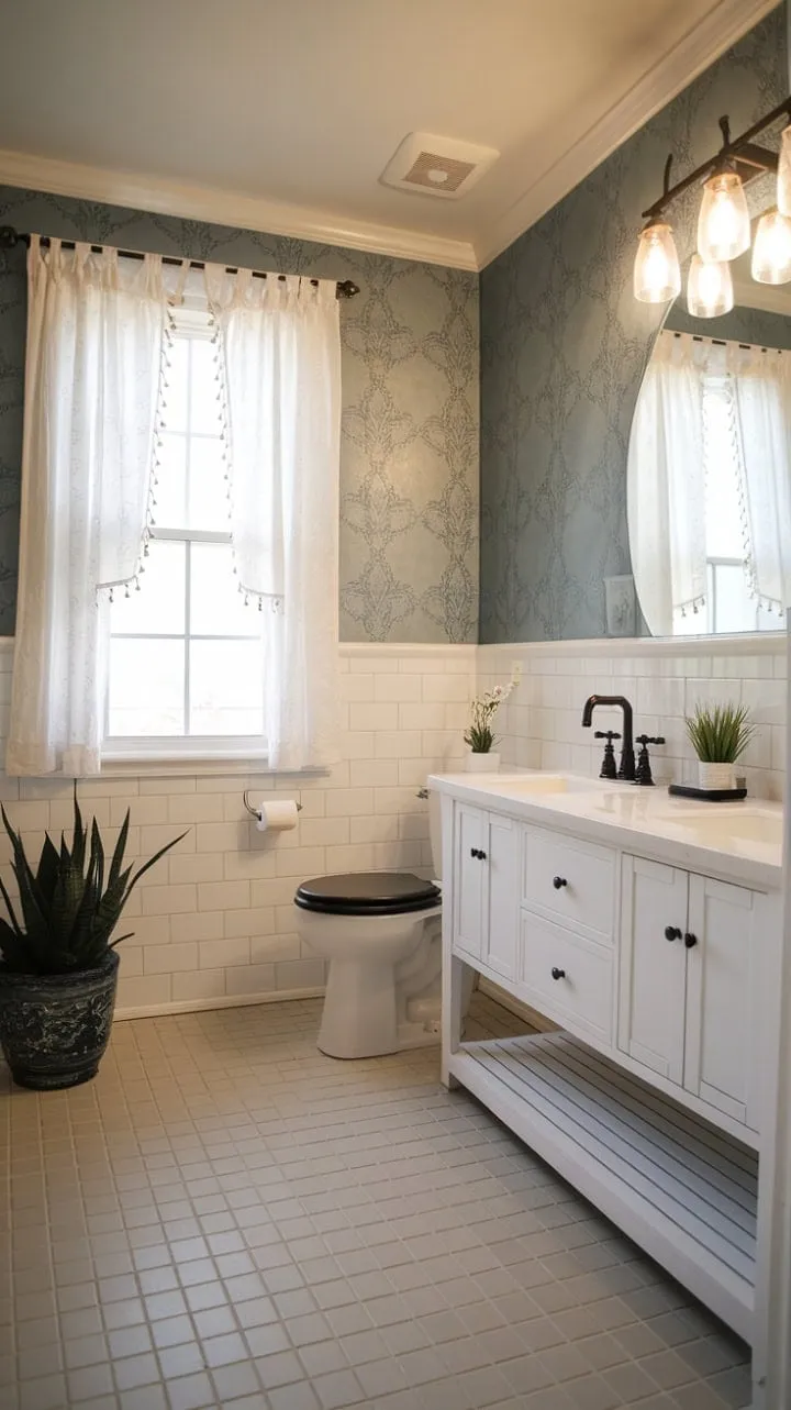 This stunning half bath remodel harmoniously blends farmhouse charm with modern elegance, featuring a crisp white vanity, sleek black fixtures, and a refreshing touch of greenery.