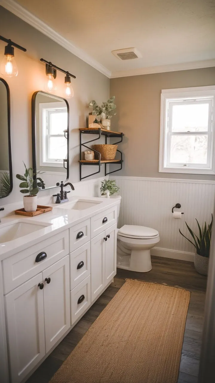 This charming half bath makeover blends clean lines with rustic details, featuring a crisp white vanity and warm gray walls, enhanced by a touch of greenery and a simple wooden shelf for a stylish yet practical vibe.