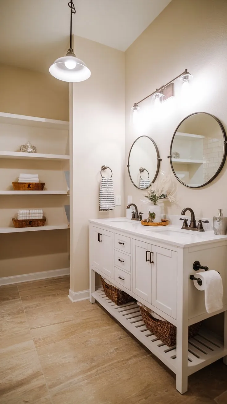 This farmhouse half bath remodel is the perfect blend of rustic charm and modern functionality. The double vanity offers ample space, while the subtle details, like the decorative accents and warm beige tile flooring, create a welcoming atmosphere. A true testament to thoughtful design.