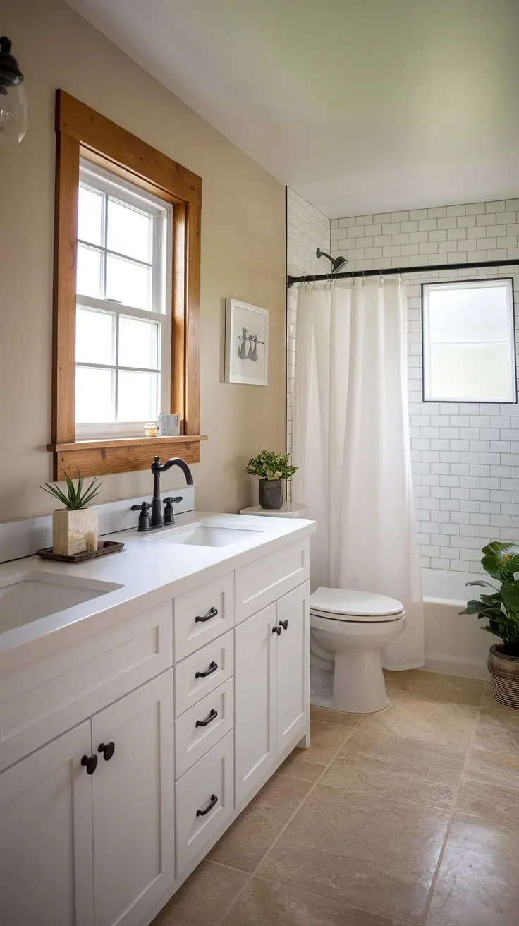 This half bath remodel is a testament to understated elegance. The crisp white vanity with its sleek black faucet, paired with the beige walls and tiled floor, creates a space that's both functional and aesthetically pleasing. The addition of a small plant adds a touch of nature, enhancing the overall feeling of calm and serenity.