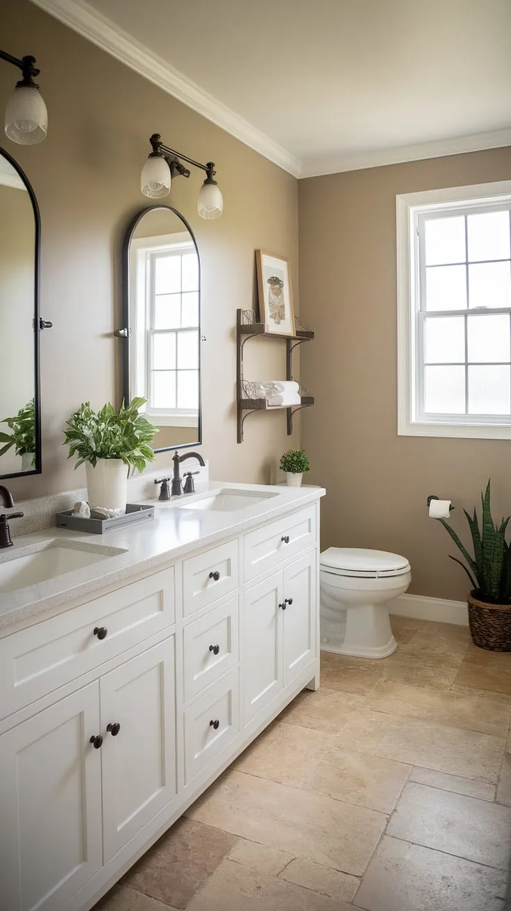 This farmhouse-style half bath remodel is the perfect blend of rustic charm and modern convenience. The double vanity offers ample space, while the neutral color palette creates a serene atmosphere. A touch of greenery adds a welcoming feel to this beautifully updated space.