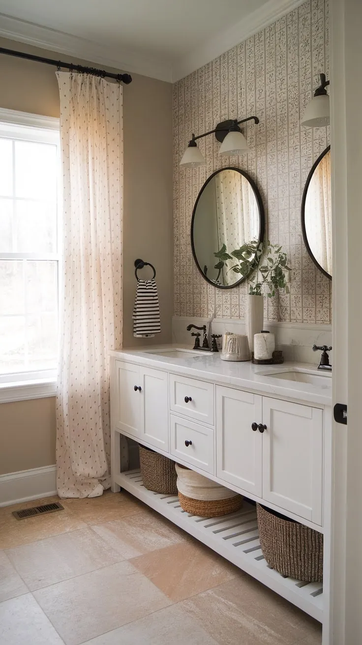 This a half bath remodel effortlessly blends farmhouse aesthetics with practical design. The double vanity offers ample space, while the patterned wallpaper and round mirror add a touch of elegance. Natural light streams in through the window, completing this serene and inviting space.