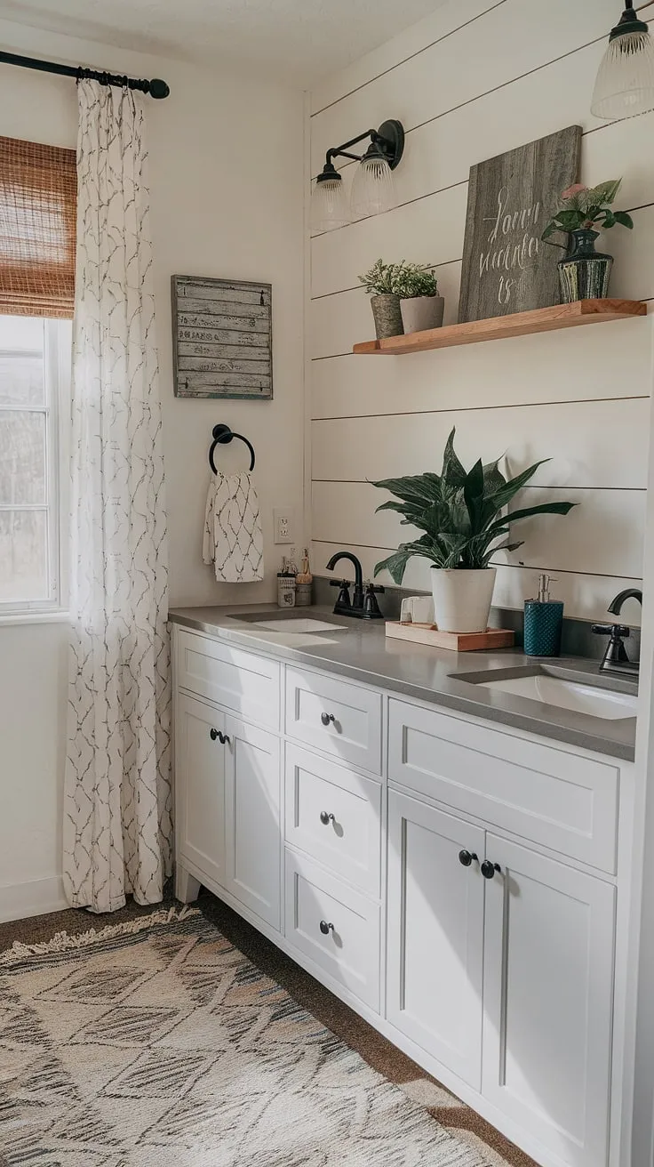 A charming half bath transformation! The white vanity, gray countertop, and patterned rug create a space that's both stylish and practical. The addition of plants and a wooden shelf adds a touch of farmhouse charm, making this small space feel incredibly inviting.