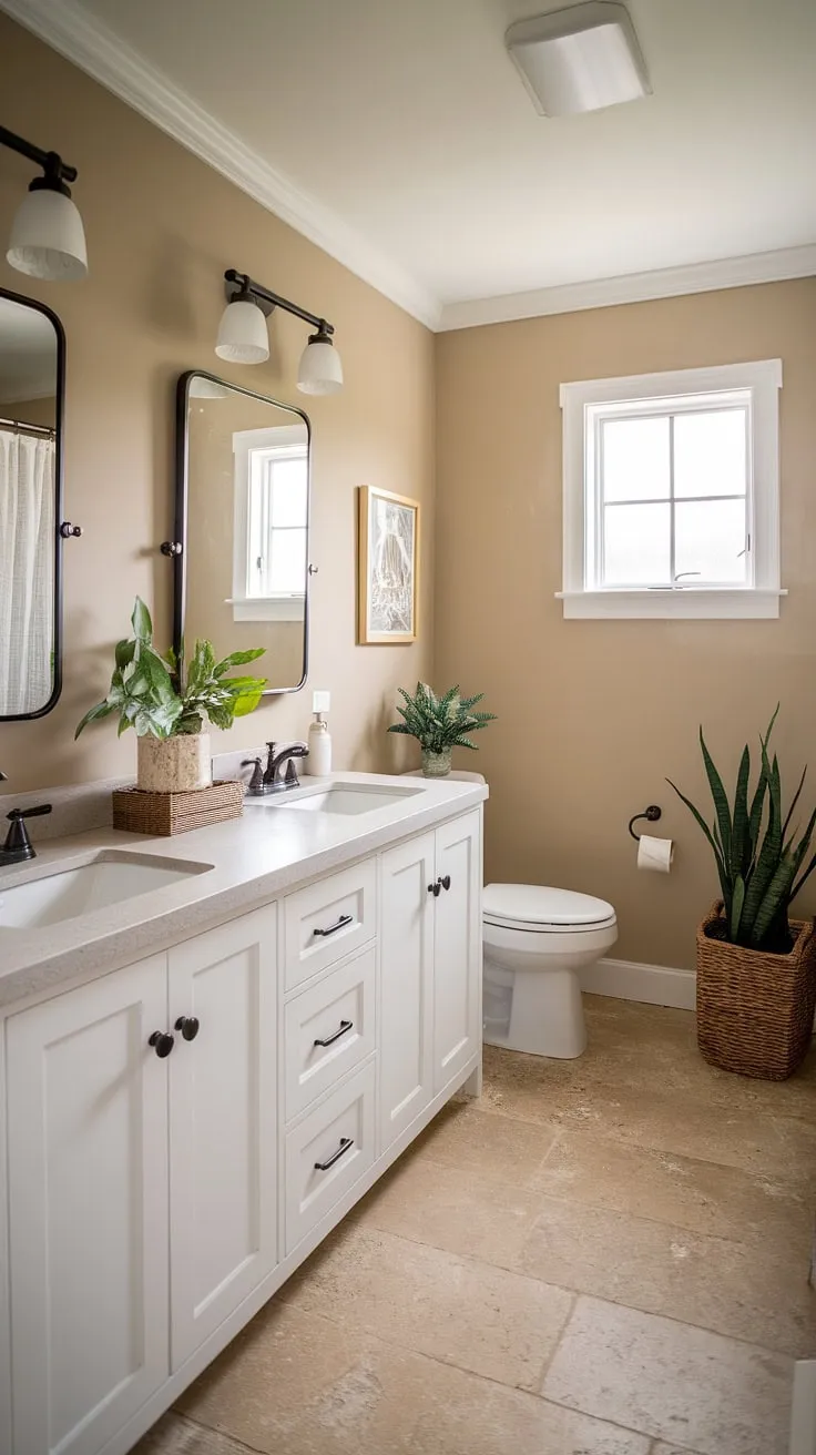 This farmhouse-style half bath remodel is the perfect blend of functionality and charm. The double vanity offers ample space, while the neutral color palette creates a serene atmosphere. A small window and potted plant add a touch of nature, completing this inviting space.