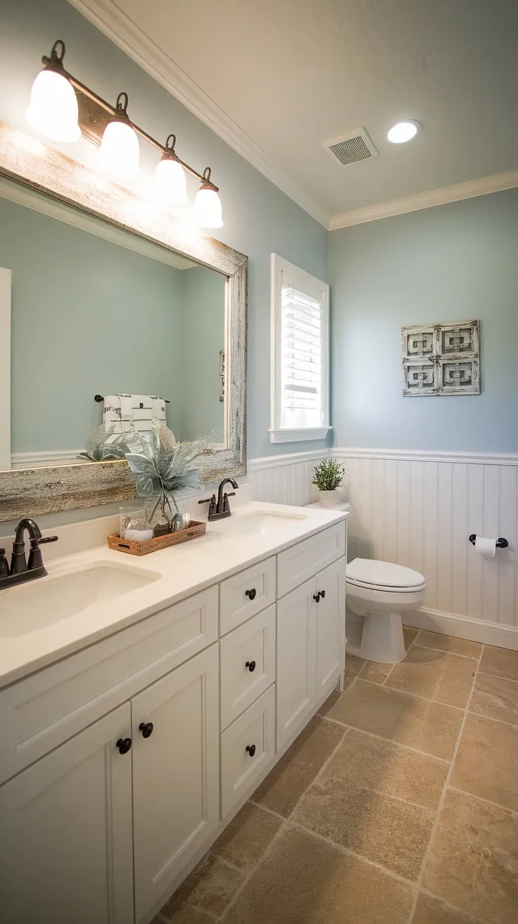 This farmhouse-style half bath remodel is a dream come true. The light blue walls, beige tile floor, and double vanity create a space that's both functional and aesthetically pleasing. A large rustic mirror above the vanity adds a touch of charm, while the carefully chosen decorative items complete the look. A truly serene and inviting powder room.