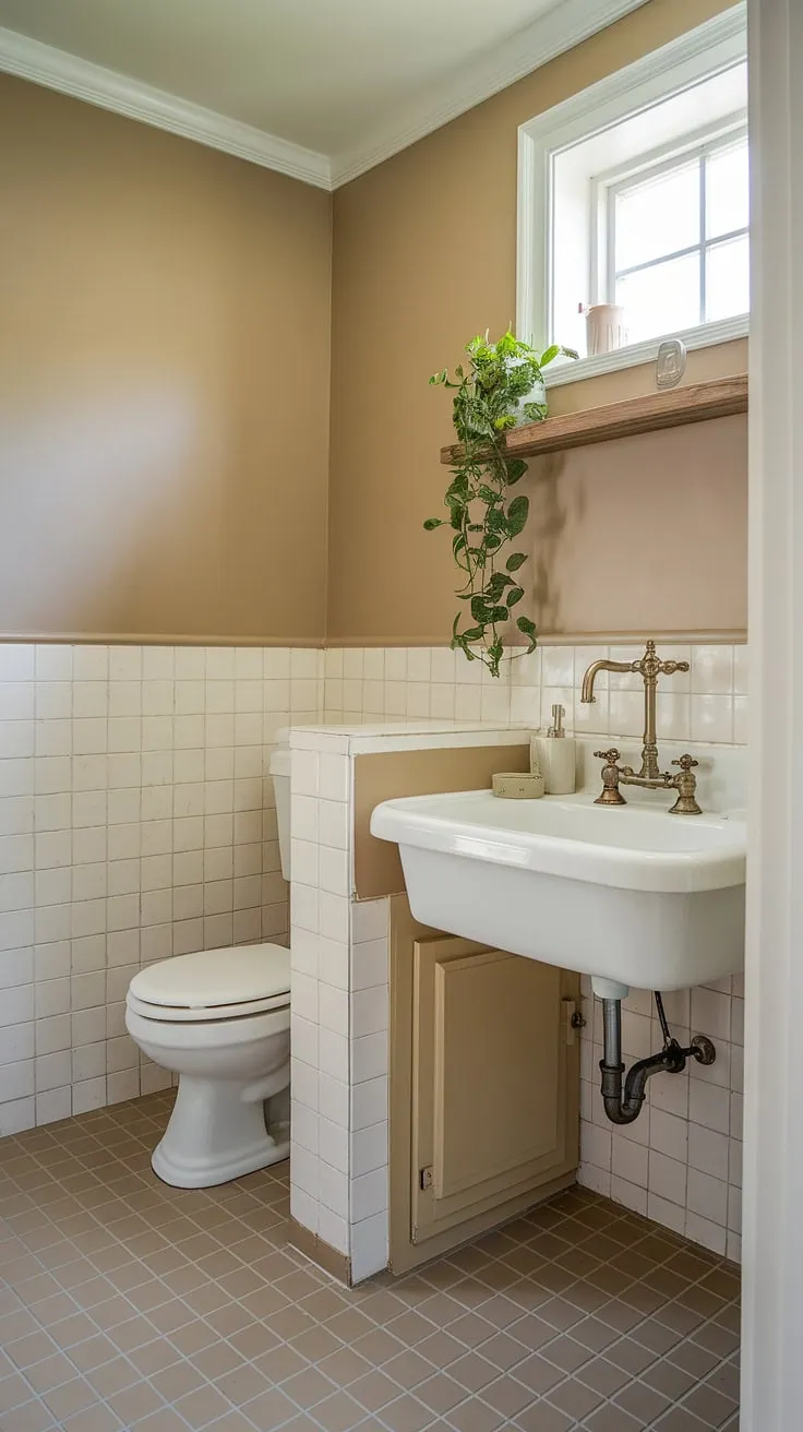This charming farmhouse half bath boasts a vintage faucet and a peaceful potted plant, adding a touch of rustic elegance to even the smallest space. The beige and white tile floor complements the calming neutral tones, creating a serene and inviting atmosphere. A perfect blend of functionality and style.