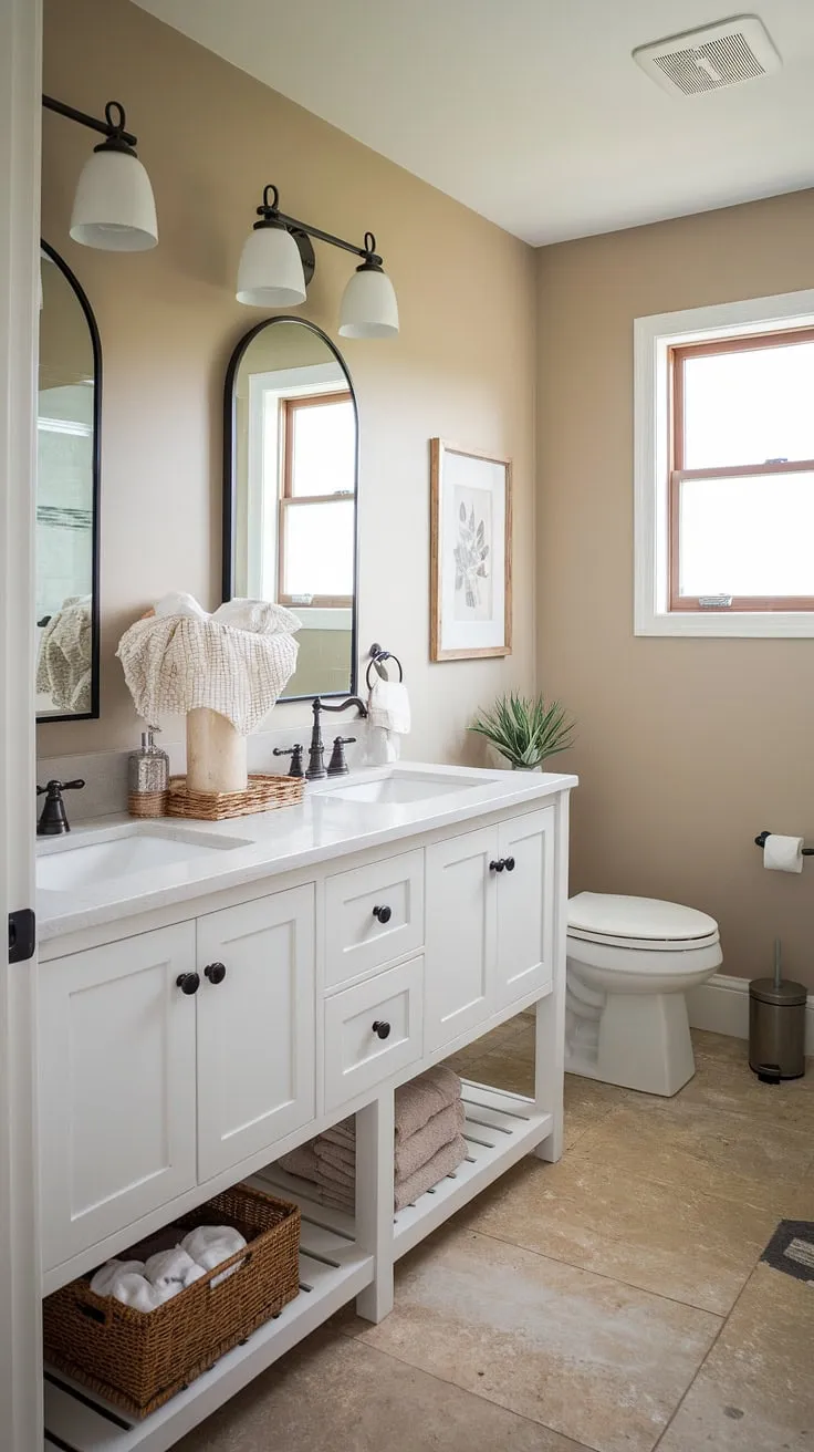 Neutral tones and clean lines define this updated half bath. The double sink vanity provides convenient functionality, complemented by the charming window above the toilet, adding a touch of rustic elegance to the space. A welcome addition to any home.