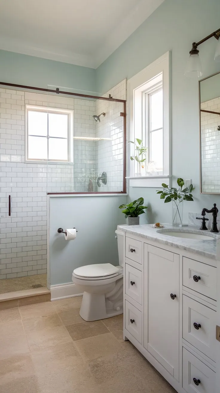 This half bath remodel is a testament to the beauty of simple design. A calming blue palette, a crisp white vanity, and the addition of a touch of greenery create a tranquil retreat, proving that even small spaces can be luxurious.