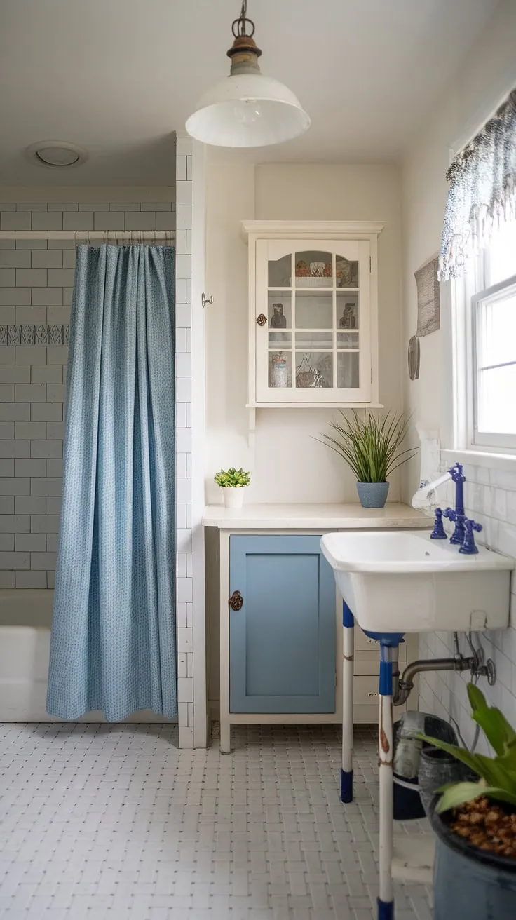 This half bath remodel perfectly captures the essence of farmhouse style. The white walls and cabinetry are beautifully complemented by the pops of blue in the shower curtain, faucet, and floor tiles, creating a serene and inviting atmosphere. A simple yet elegant space, brimming with character.