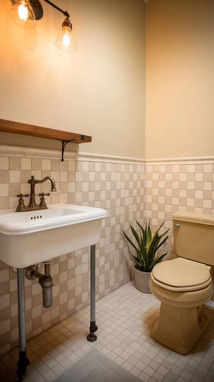 This half-bath remodel is a testament to thoughtful design. The beige and white color palette creates a serene atmosphere, enhanced by the vintage faucet and the addition of a small potted plant. A perfect example of how even a small space can be transformed into a stylish and functional retreat.