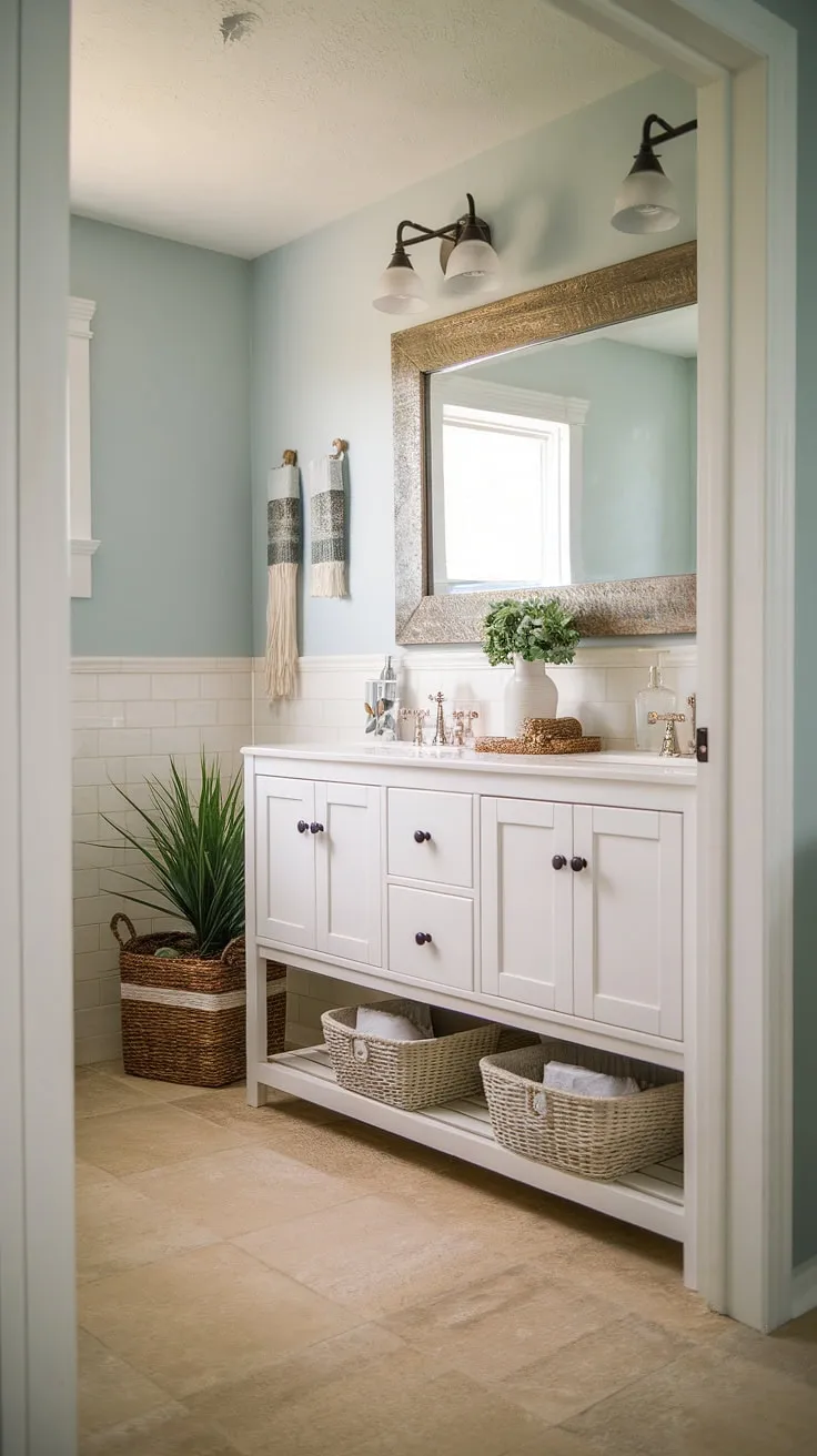This petite powder room proves that big style doesn't require a big space. The farmhouse-inspired vanity with its double sinks, the calming blue walls, and the rustic mirror all contribute to a welcoming and efficient design. Small details, like the potted plant and woven basket, add warmth and personality to this beautifully remodeled half bath.