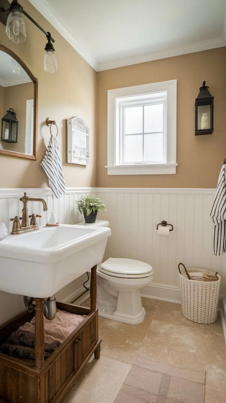 This charming half bath remodel perfectly blends farmhouse style with modern convenience. The vintage faucet and wooden vanity add rustic warmth, while the clean white sink and beige tile create a serene atmosphere. A small window and carefully chosen accents complete the look, resulting in a space that's both functional and aesthetically pleasing. A truly delightful retreat.