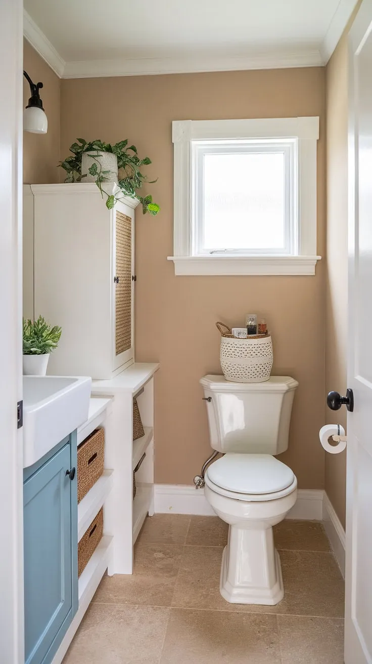A charming half bath remodel, showcasing a serene farmhouse aesthetic. The soft beige walls, white fixtures, and a pop of blue on the vanity create a cozy and inviting space. A touch of greenery adds a refreshing element to this simple yet elegant design.