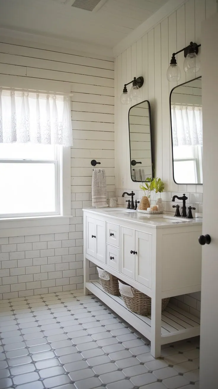 A stunning transformation! This half bath remodel boasts a beautiful double vanity, grey and white patterned tile flooring, and a touch of farmhouse elegance with the wood paneling. The result is a light-filled and functional space, perfect for everyday use.