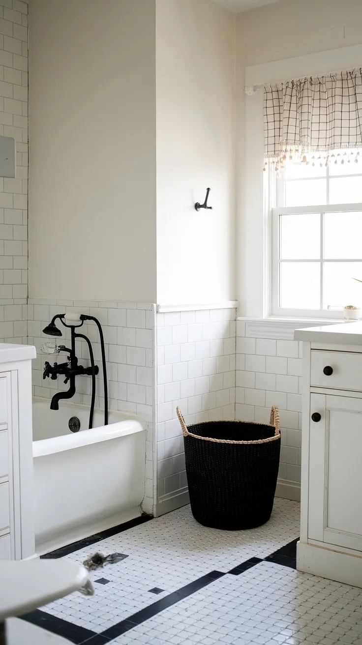 This farmhouse-style half bath remodel is a charming blend of rustic and modern. The crisp white tub and black accents, paired with the classic black and white checkered floor, create a space that's both stylish and functional. A simple white cabinet adds practical storage, while the black basket provides a touch of rustic charm. The result? A perfectly curated space that's as inviting as it is beautiful.