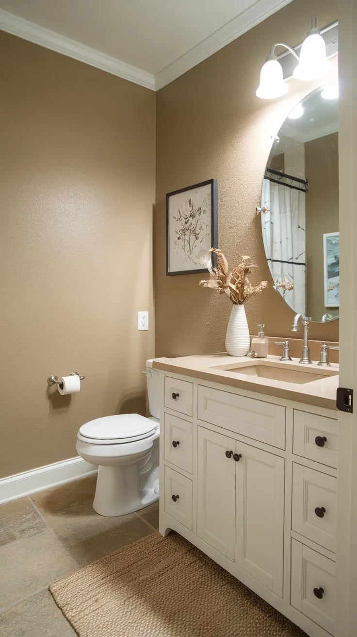 This half bath transformation is a testament to the power of simple elegance. The beige walls and countertop, paired with the white vanity and toilet, create a clean and inviting atmosphere. The farmhouse sink is a delightful detail, adding a touch of warmth and character to the space.