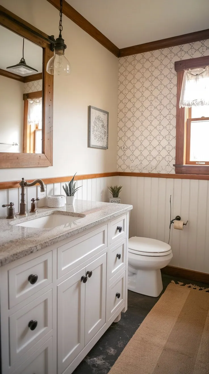 This charming half bath remodel boasts a farmhouse aesthetic with a crisp white vanity and granite countertop, complemented by a stylish single-lever faucet and a warm beige rug. The wood-framed mirror and decorative wall add character, creating a space that's both functional and inviting. A perfect blend of rustic charm and modern convenience.