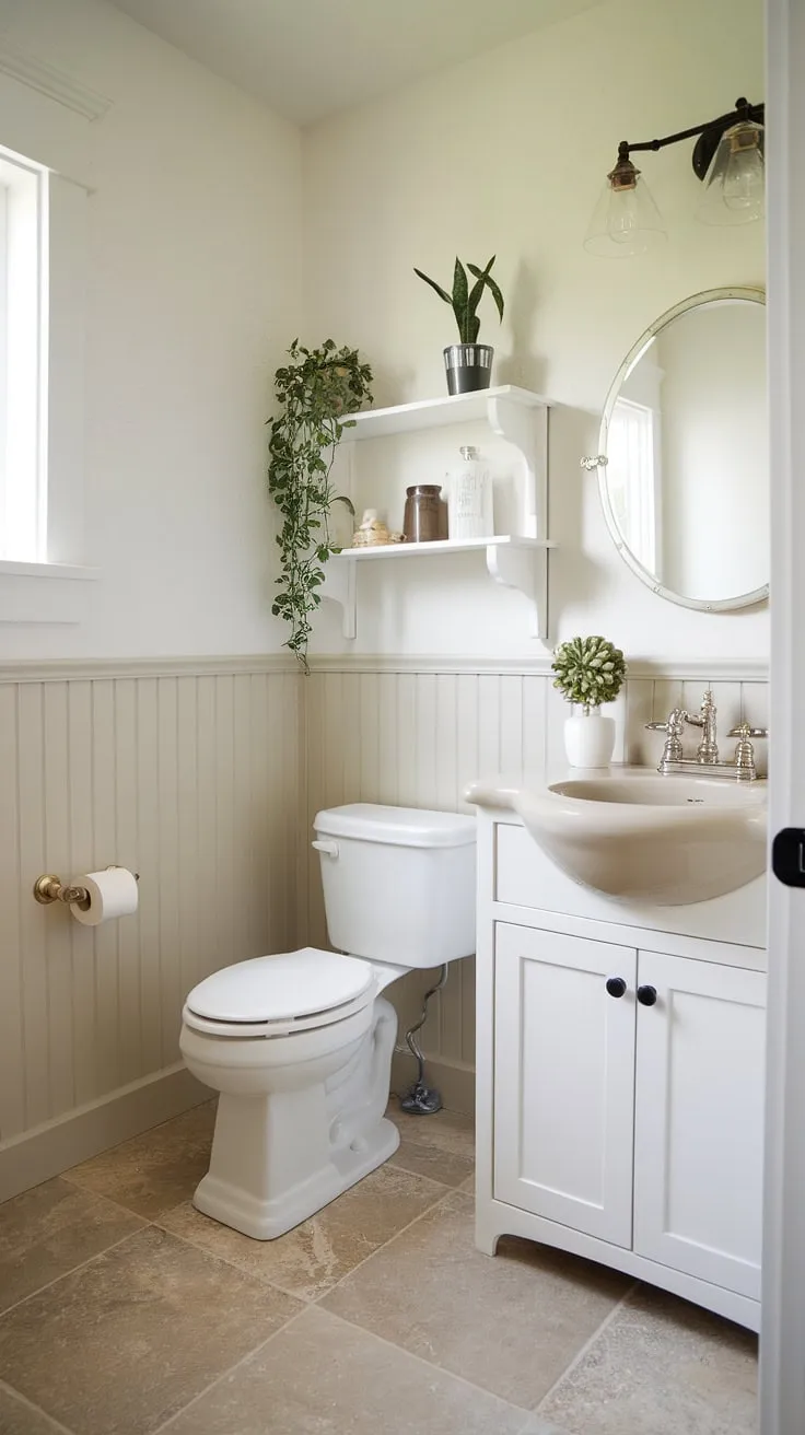 This charming half bath remodel boasts a serene farmhouse aesthetic. The beige tile floor complements the white cabinetry and fixtures, creating a space that's both functional and inviting. A touch of greenery adds a refreshing element.