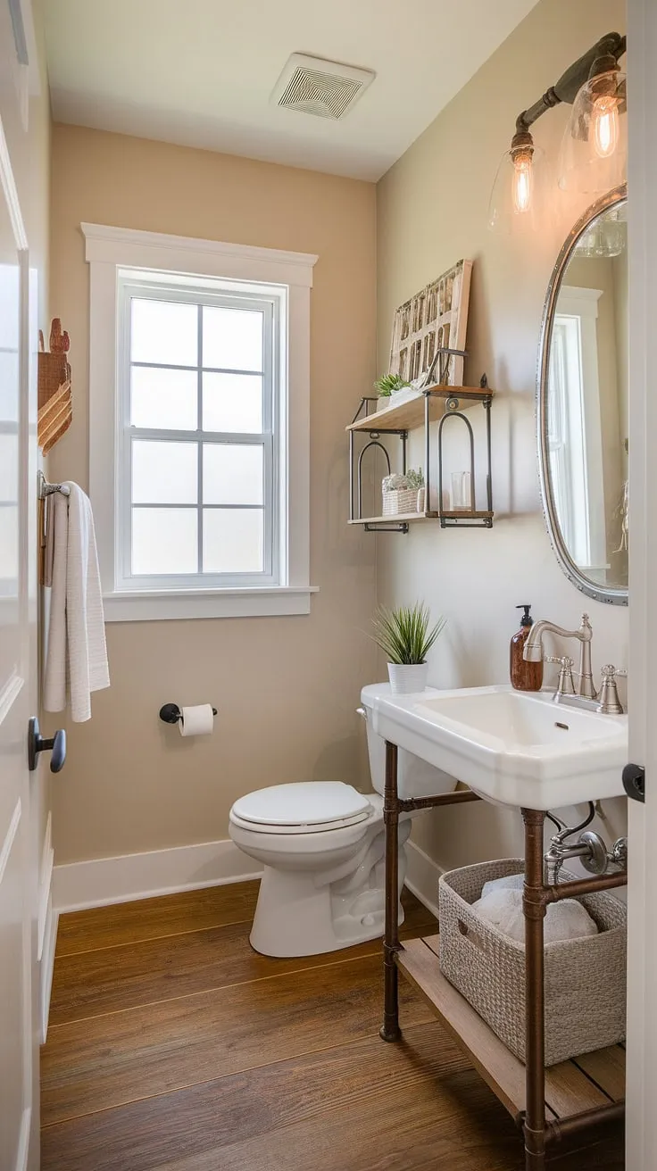 A charming half bath remodel, showcasing farmhouse style at its finest. The warm wood flooring complements the crisp white fixtures, while the added touches of a potted plant and rustic shelf create a cozy and inviting atmosphere. A perfect blend of functionality and rustic charm in a small space.