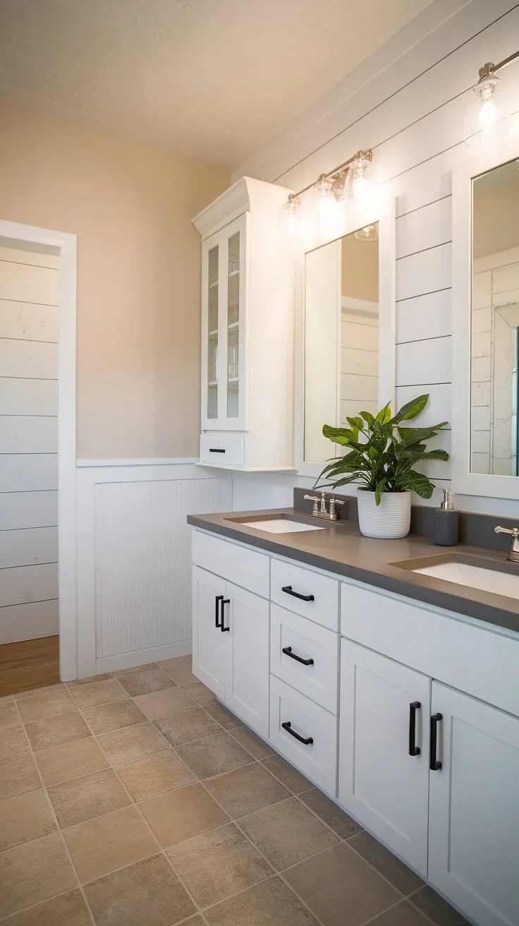 This farmhouse-style powder room remodel is a dream come true. The shiplap walls, grey countertops, and double vanity create a space that's both functional and aesthetically pleasing. A touch of greenery adds a welcoming feel. A perfect blend of rustic charm and modern convenience.