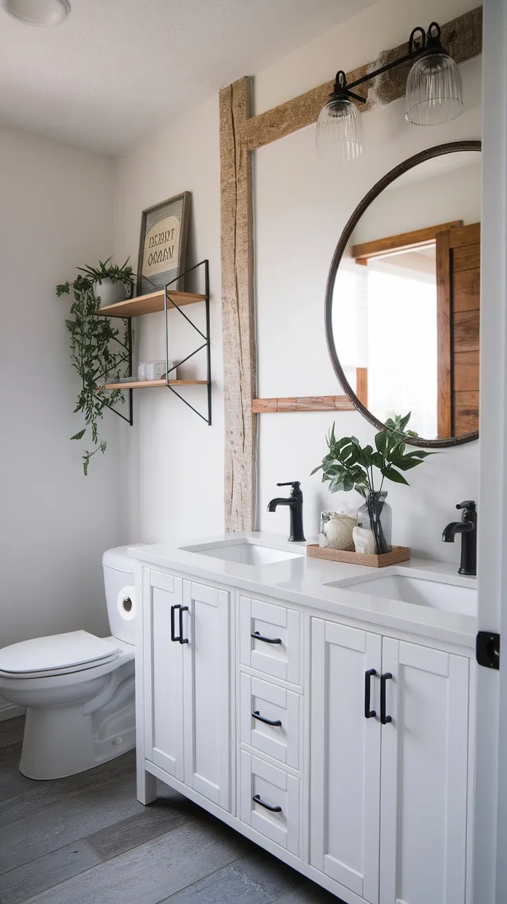 Farmhouse charm meets modern convenience in this half bath remodel. The double vanity, black matte fixtures, and rustic mirror create a space that's both stylish and functional. A touch of greenery adds a welcoming feel, completing the design.