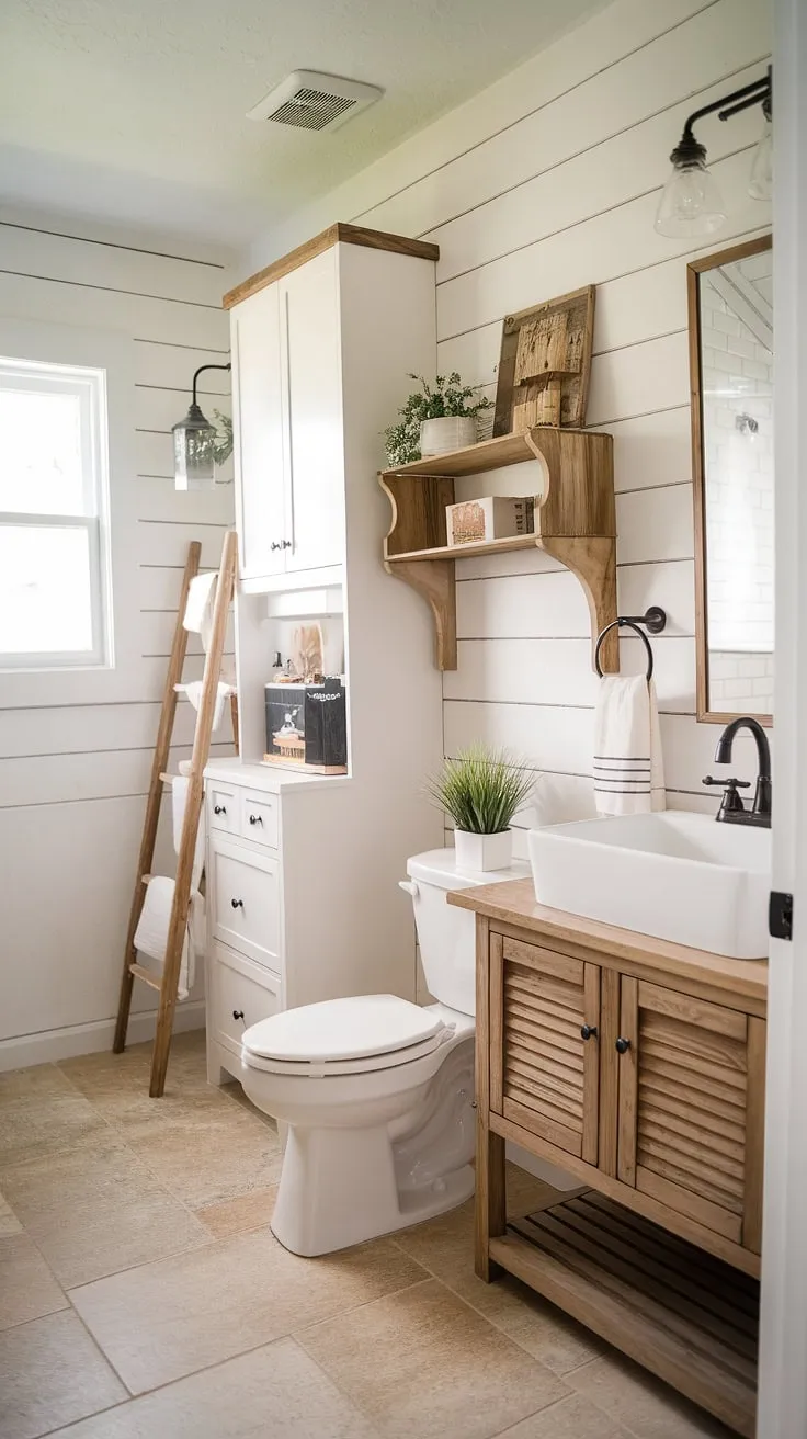 Rustic meets refined in this charming half bath makeover. The white-on-white palette is beautifully balanced by the warm tones of the wooden vanity and ladder shelf. A small space, big impact – a testament to the power of clever design and attention to detail.