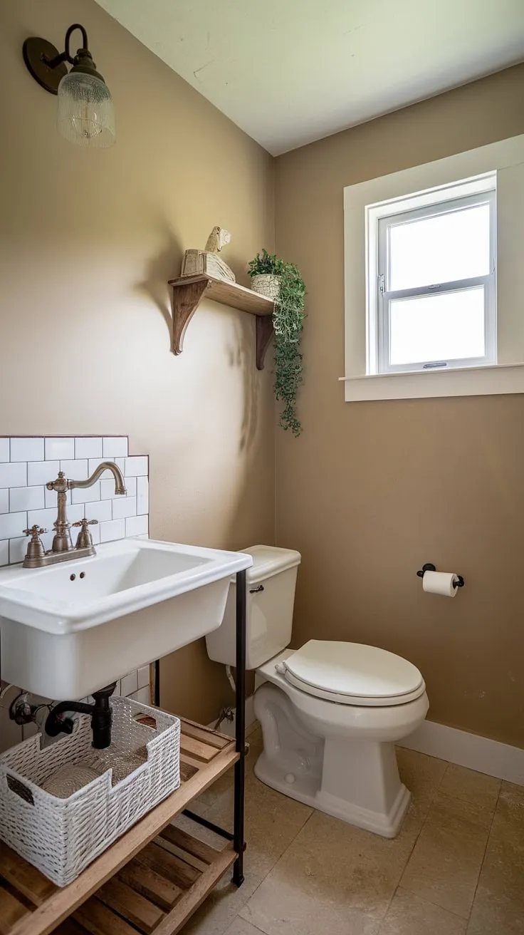 This half bath remodel proves that even the smallest spaces can be brimming with farmhouse style. The carefully chosen details, from the vintage light fixture to the potted plant, create a welcoming and peaceful sanctuary. A testament to thoughtful design and attention to detail.